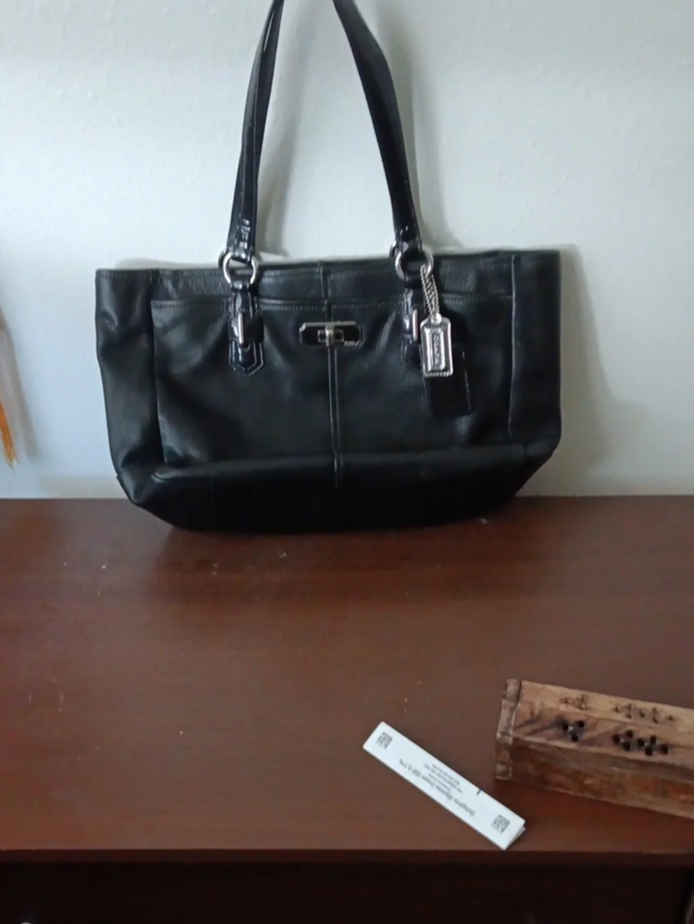Black Leather Tote Handbag with Silver Hardware